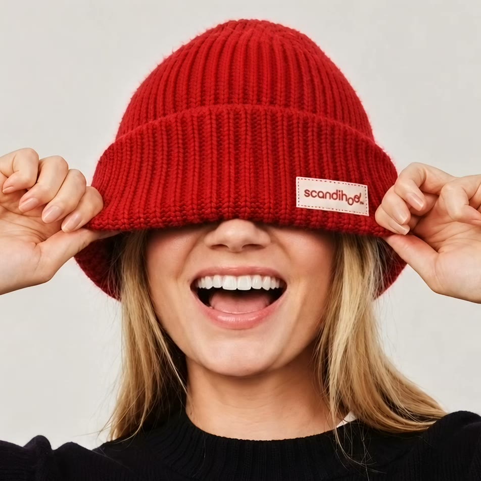 A laughing woman pulling a red Scandihoo knit hat down over her eyes