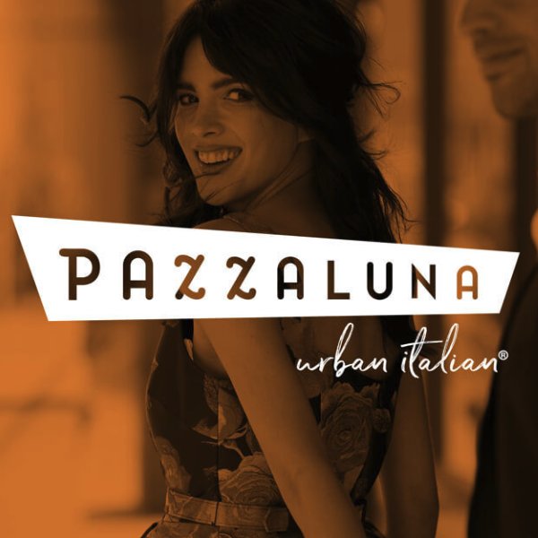 The Pazzaluna urban italian logo over a photo of a smiling woman